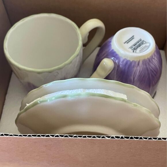 Longaberger Pottery Teacups And Saucers (2) Purple Crocus Flowers - Picture 3 of 10